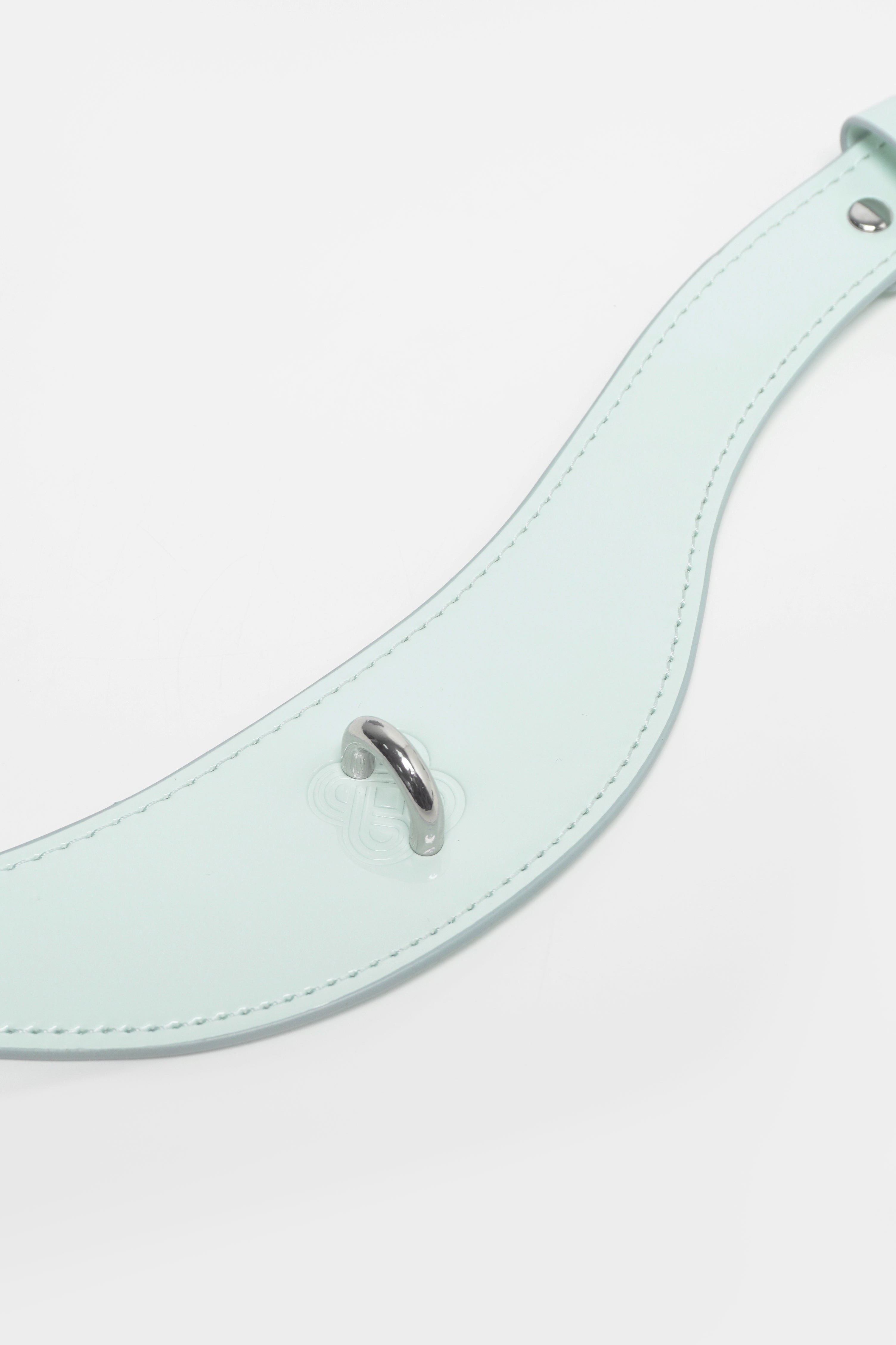Light blue leather collar with metal hardware on a white background