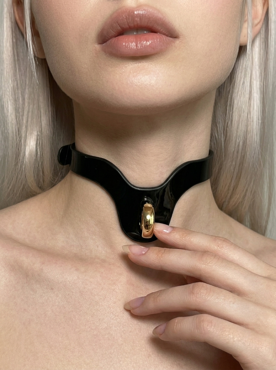 Minimalist avant-garde patent leather choker for women - adjustable cervical structure.