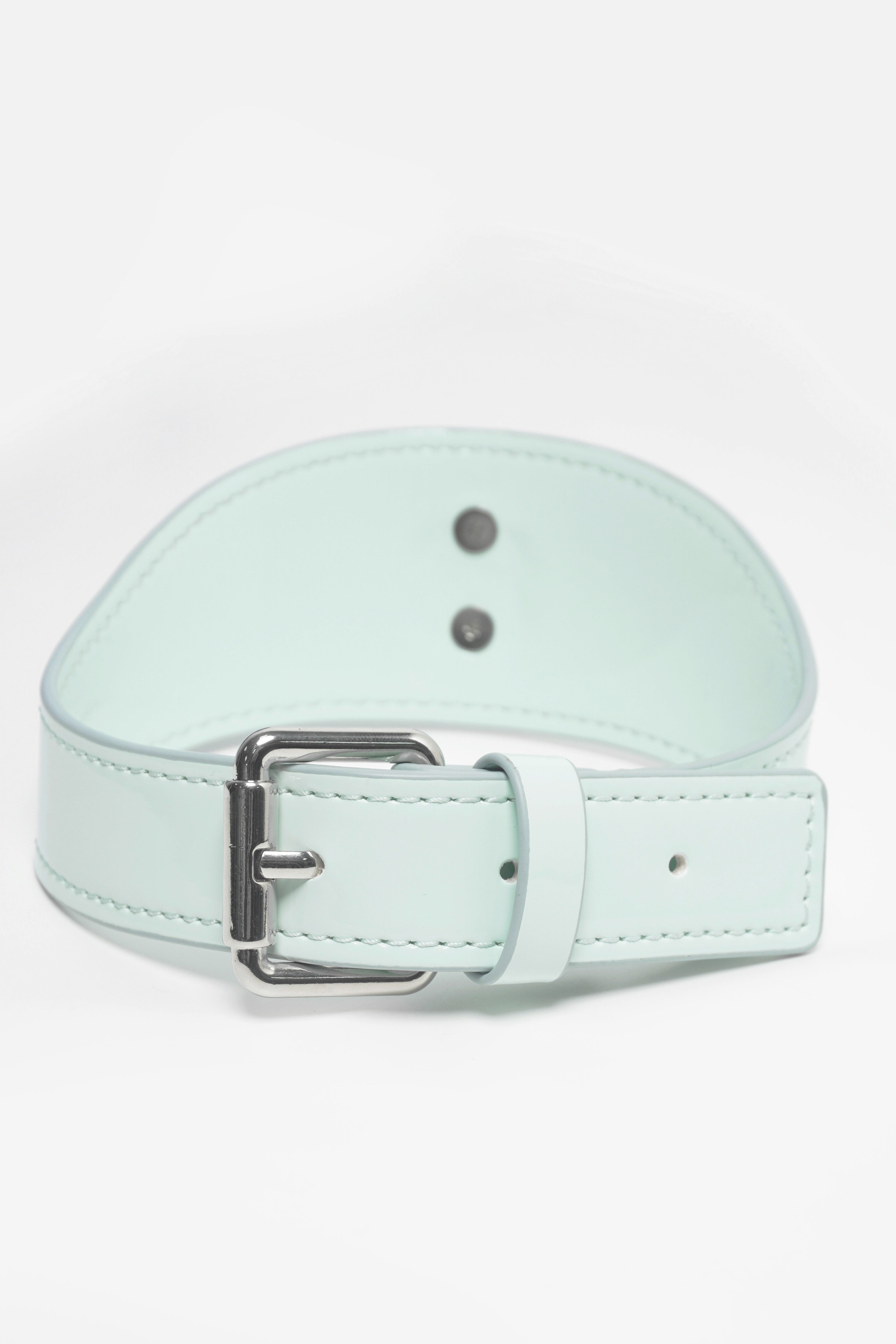 Close-up of polished stainless steel kinetic hardware on a wide mint green choker.
