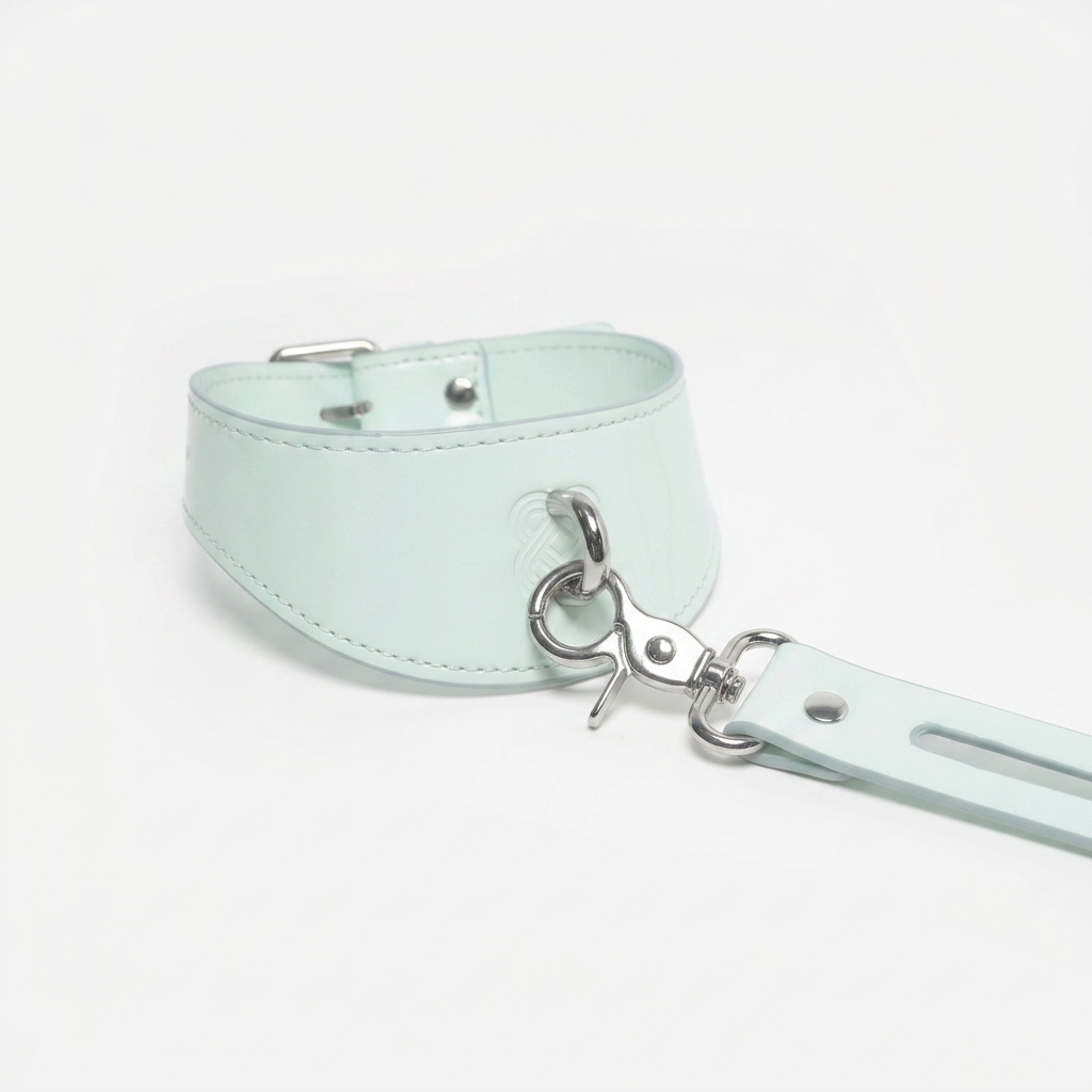 KINETIC PULSE series Cyber Mint patent leather collar with industrial spring clasp