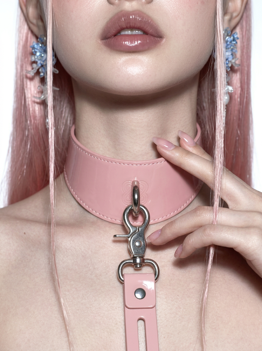 Modern sporty styling: Kinetic Rose pink collar worn as a high-fashion streetwear accessory.