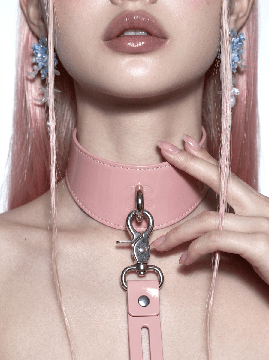 Pink Shibari Embossed Patent Leather Collar & Leash Set - Aphros Design